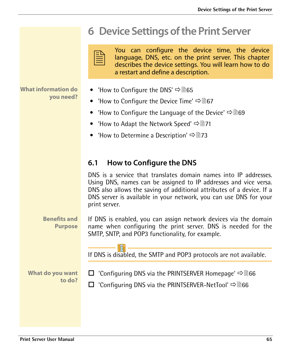 6 device settings of the print server, 1 how to configure the dns | Dascom 7010 PrintServer Manual User Manual | Page 65 / 238