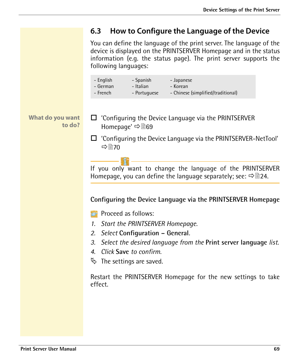 3 how to configure the language of the device, How to configure the language of the device | Dascom 7010 PrintServer Manual User Manual | Page 69 / 238