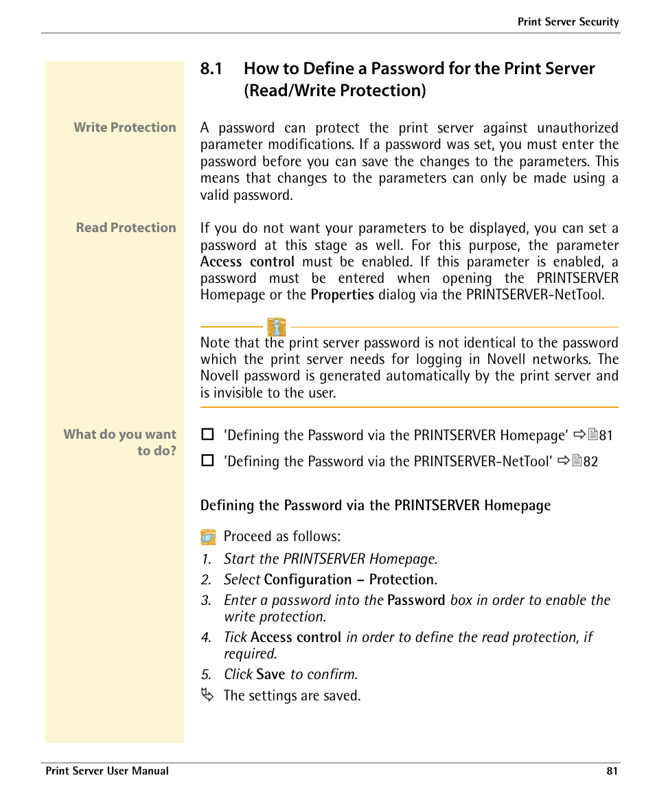 1 how to define a password for the print server, Read/write protection), Otection (see | Demanded; see, Protection) | Dascom 7010 PrintServer Manual User Manual | Page 81 / 238