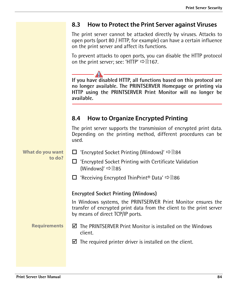 3 how to protect the print server against viruses, 4 how to organize encrypted printing, See: ’encrypted socket printing (windows) | How to protect the print server against viruses, How to organize encrypted printing | Dascom 7010 PrintServer Manual User Manual | Page 84 / 238