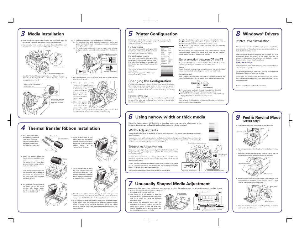 Media installation, Using narrow width or thick media, Unusually shaped media adjustment | Windows, Drivers, Thermal transfer ribbon installation, Printer configuration, Peel & rewind mode | Dascom 7010 Quick Start Guide User Manual | Page 2 / 2
