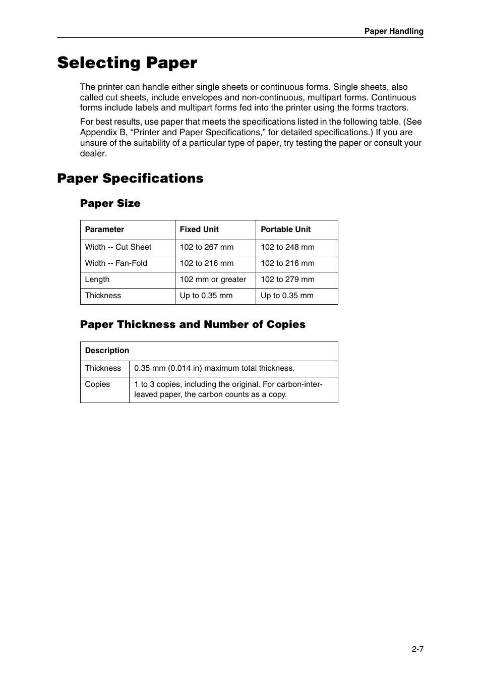 Selecting paper, Paper specifications, Paper size | Paper thickness and number of copies, Paper size paper thickness and number of copies | Dascom MIP480 User Guide User Manual | Page 15 / 138