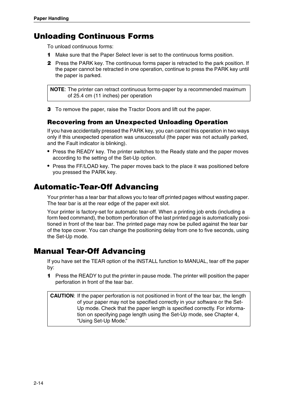 Unloading continuous forms, Recovering from an unexpected unloading operation, Automatic-tear-off advancing | Manual tear-off advancing | Dascom MIP480 User Guide User Manual | Page 22 / 138