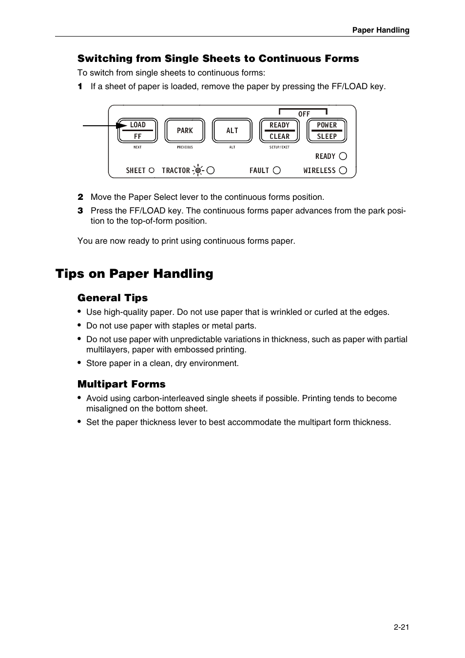 Switching from single sheets to continuous forms, Tips on paper handling, General tips | Multipart forms | Dascom MIP480 User Guide User Manual | Page 29 / 138