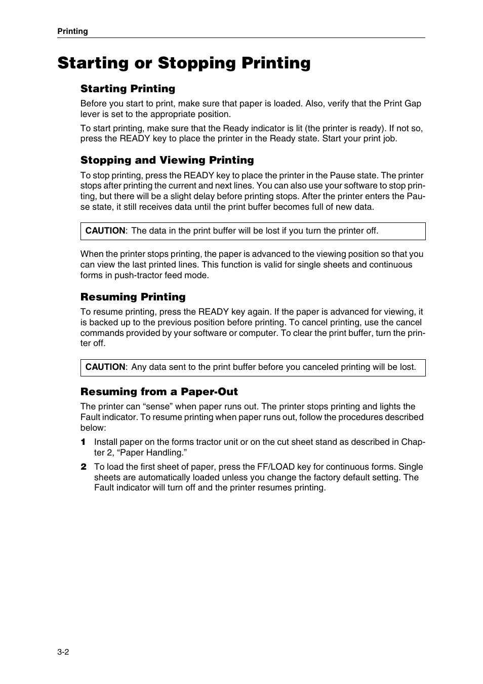 Starting or stopping printing, Starting printing, Stopping and viewing printing | Resuming printing, Resuming from a paper-out | Dascom MIP480 User Guide User Manual | Page 32 / 138