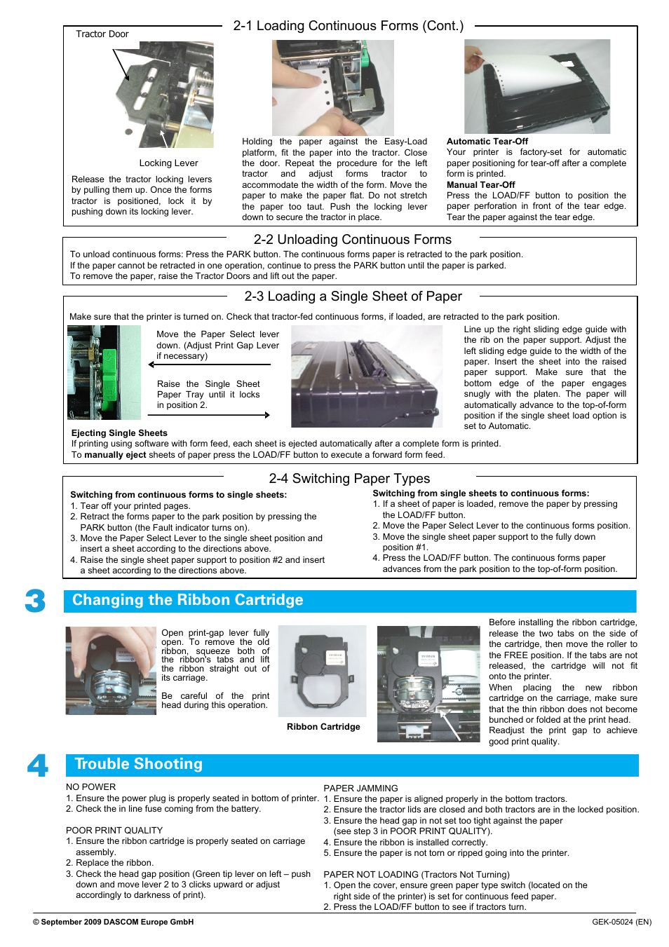 Trouble shooting ch t, Changing the ribbon cartridge, 3 loading a single sheet of paper | Trouble shooting, 2 unloading continuous forms | Dascom MIP480 Quick Installation Guide User Manual | Page 2 / 2