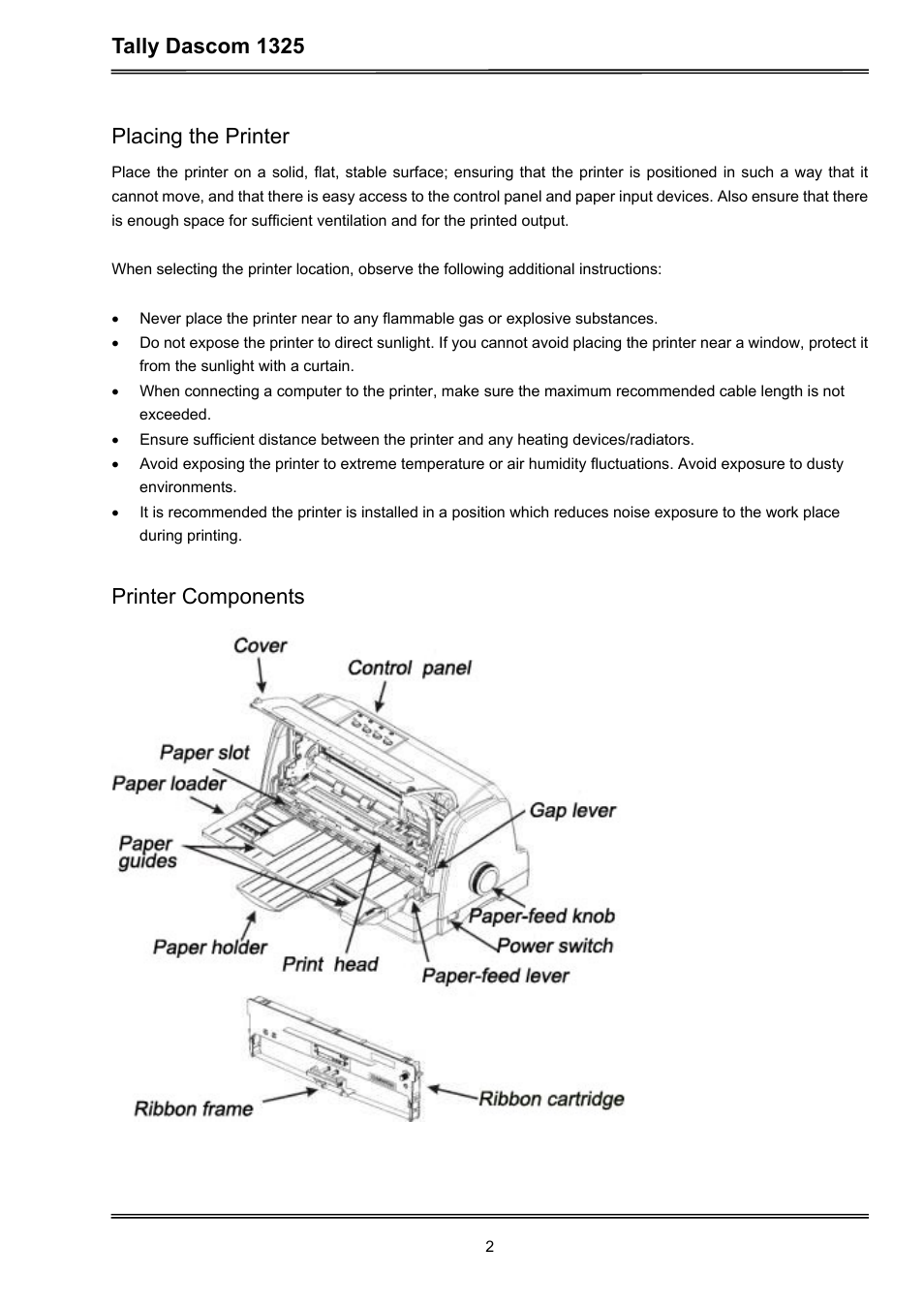 Tally dascom 1325, Placing the printer, Printer components | Dascom 1325 User Guide User Manual | Page 16 / 100