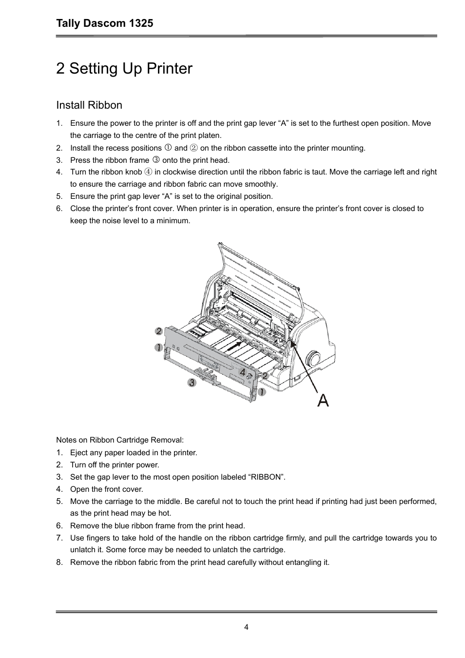 2 setting up printer, Tally dascom 1325, Install ribbon | Dascom 1325 User Guide User Manual | Page 18 / 100