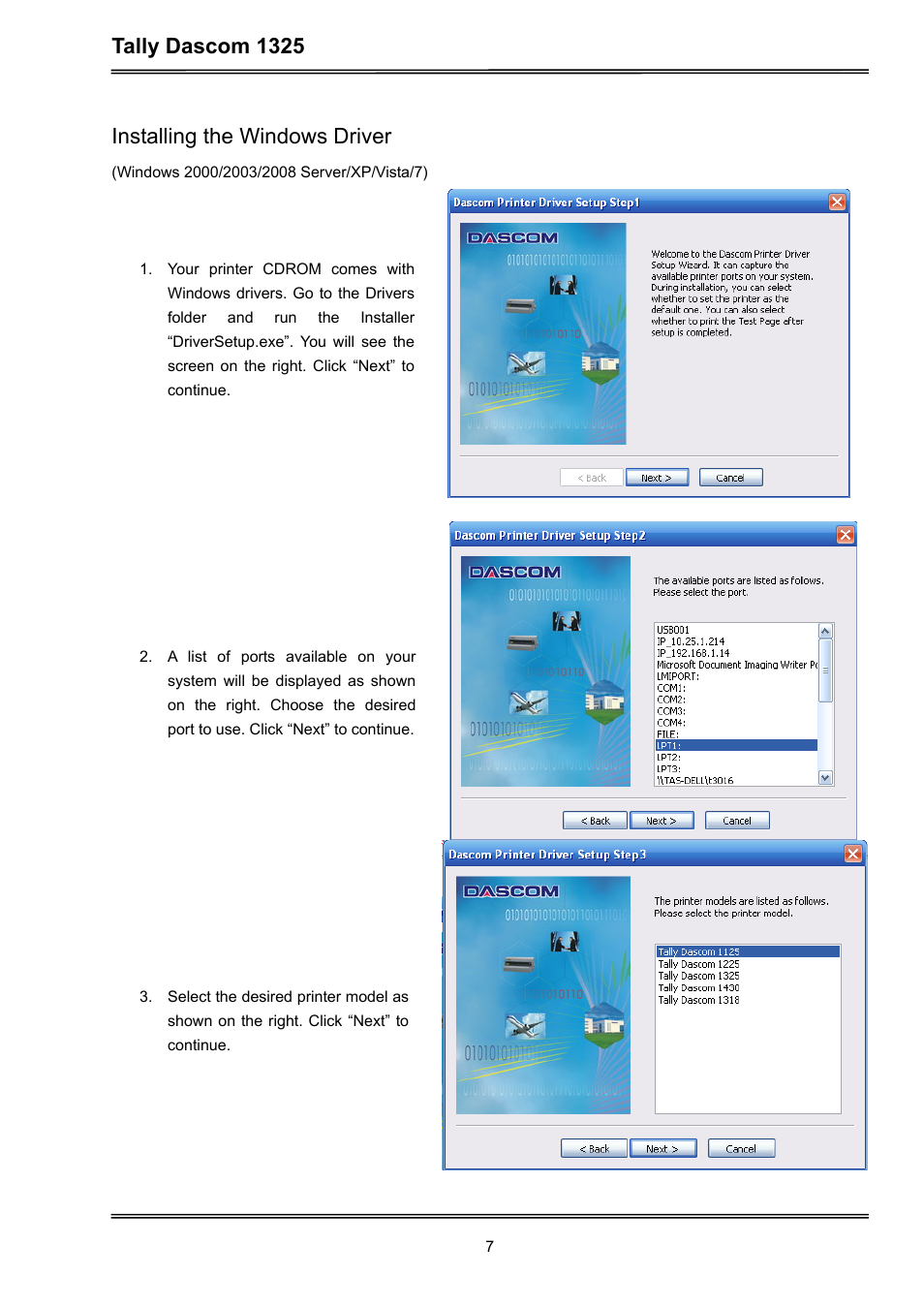 Tally dascom 1325, Installing the windows driver | Dascom 1325 User Guide User Manual | Page 21 / 100