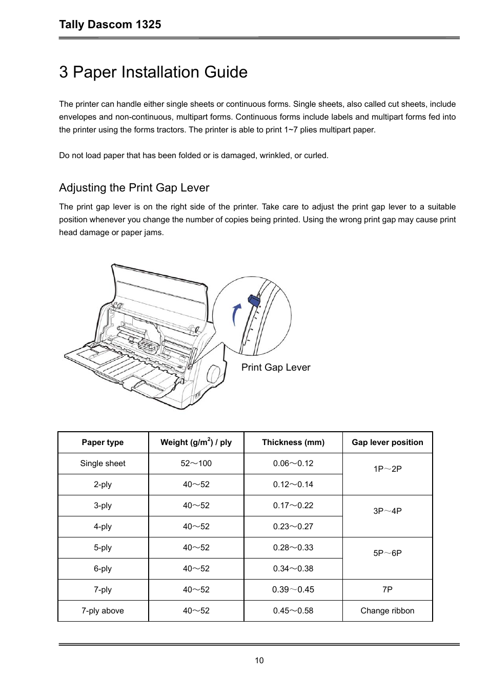 3 paper installation guide, Tally dascom 1325, Adjusting the print gap lever | Dascom 1325 User Guide User Manual | Page 24 / 100