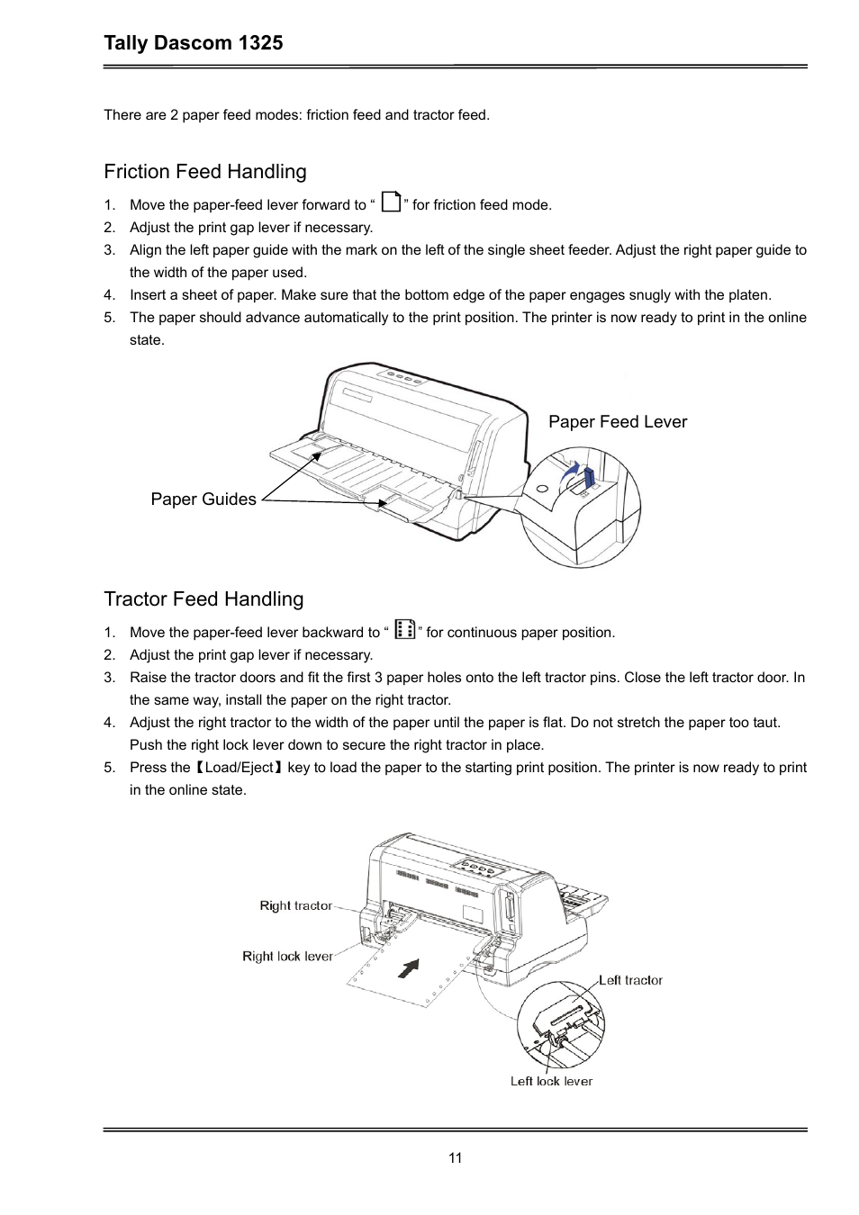 Tally dascom 1325, Friction feed handling, Tractor feed handling | Dascom 1325 User Guide User Manual | Page 25 / 100