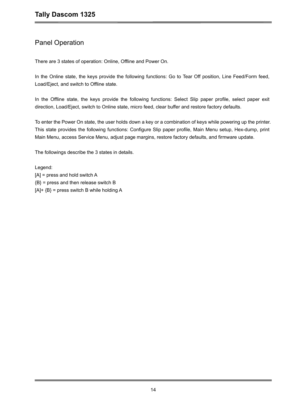 Tally dascom 1325, Panel operation | Dascom 1325 User Guide User Manual | Page 28 / 100