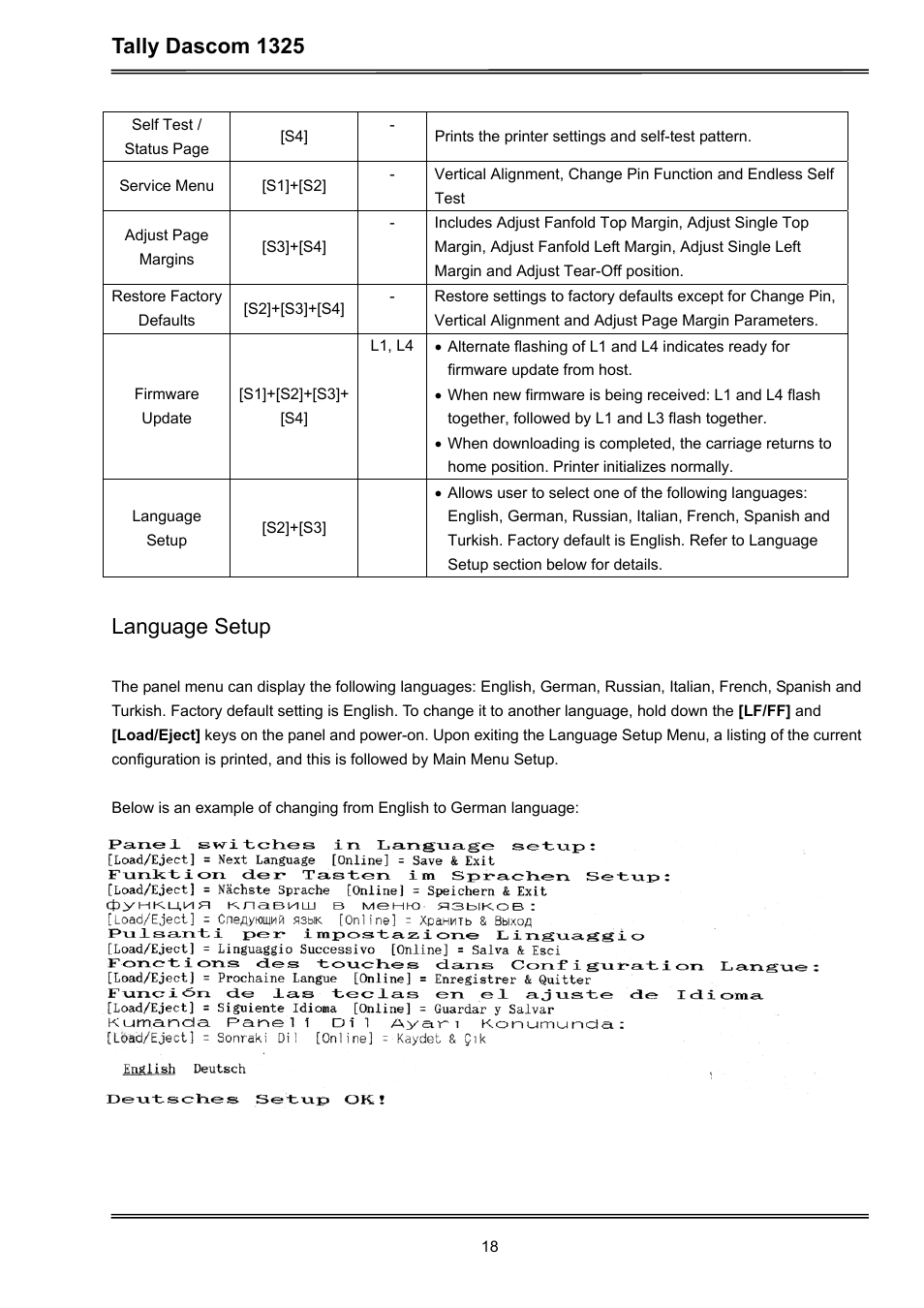 Tally dascom 1325, Language setup | Dascom 1325 User Guide User Manual | Page 32 / 100