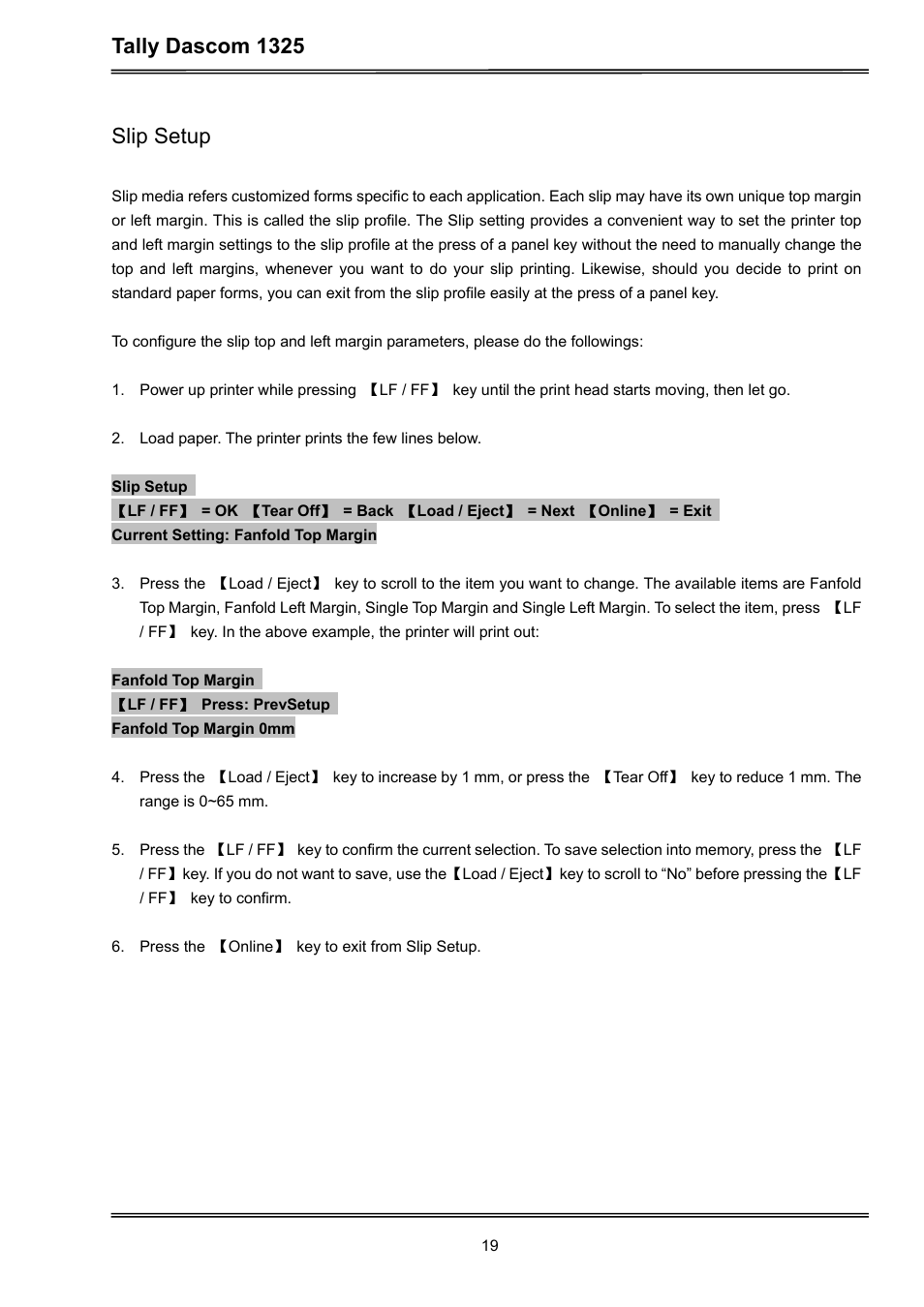 Tally dascom 1325, Slip setup | Dascom 1325 User Guide User Manual | Page 33 / 100