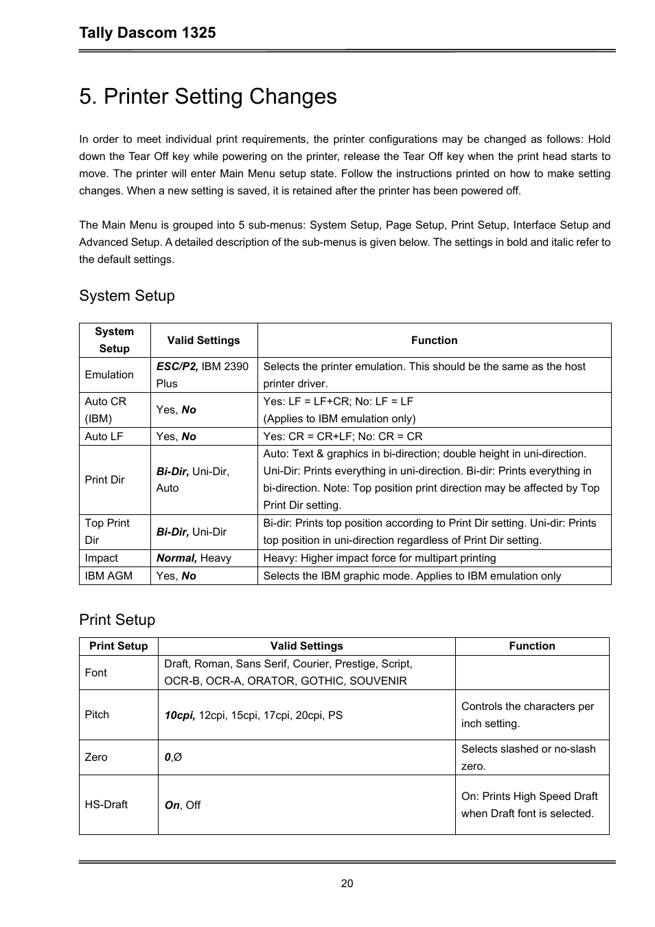 Printer setting changes, Tally dascom 1325, System setup | Print setup | Dascom 1325 User Guide User Manual | Page 34 / 100
