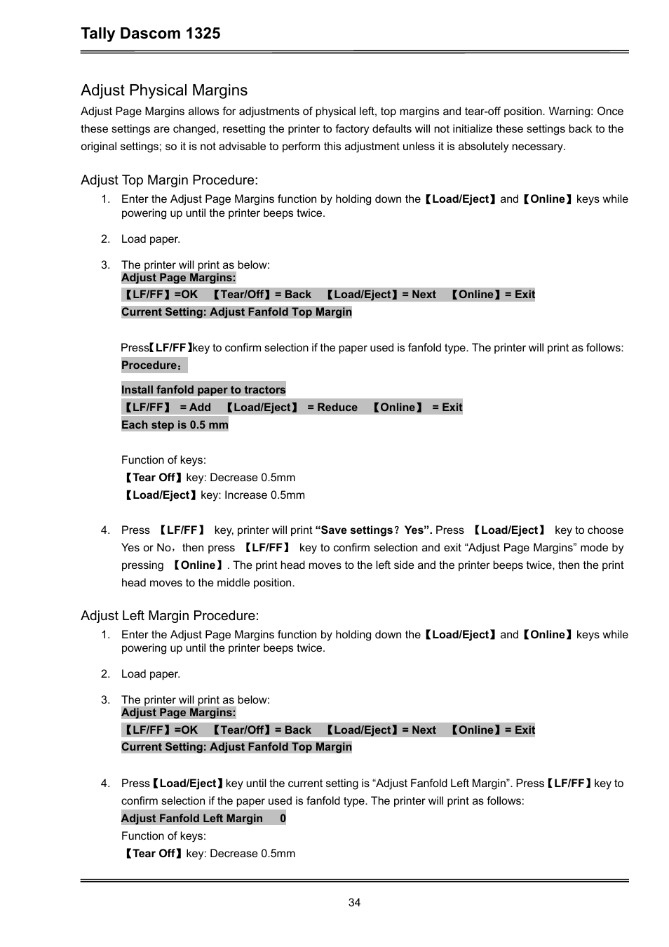 Tally dascom 1325, Adjust physical margins | Dascom 1325 User Guide User Manual | Page 48 / 100