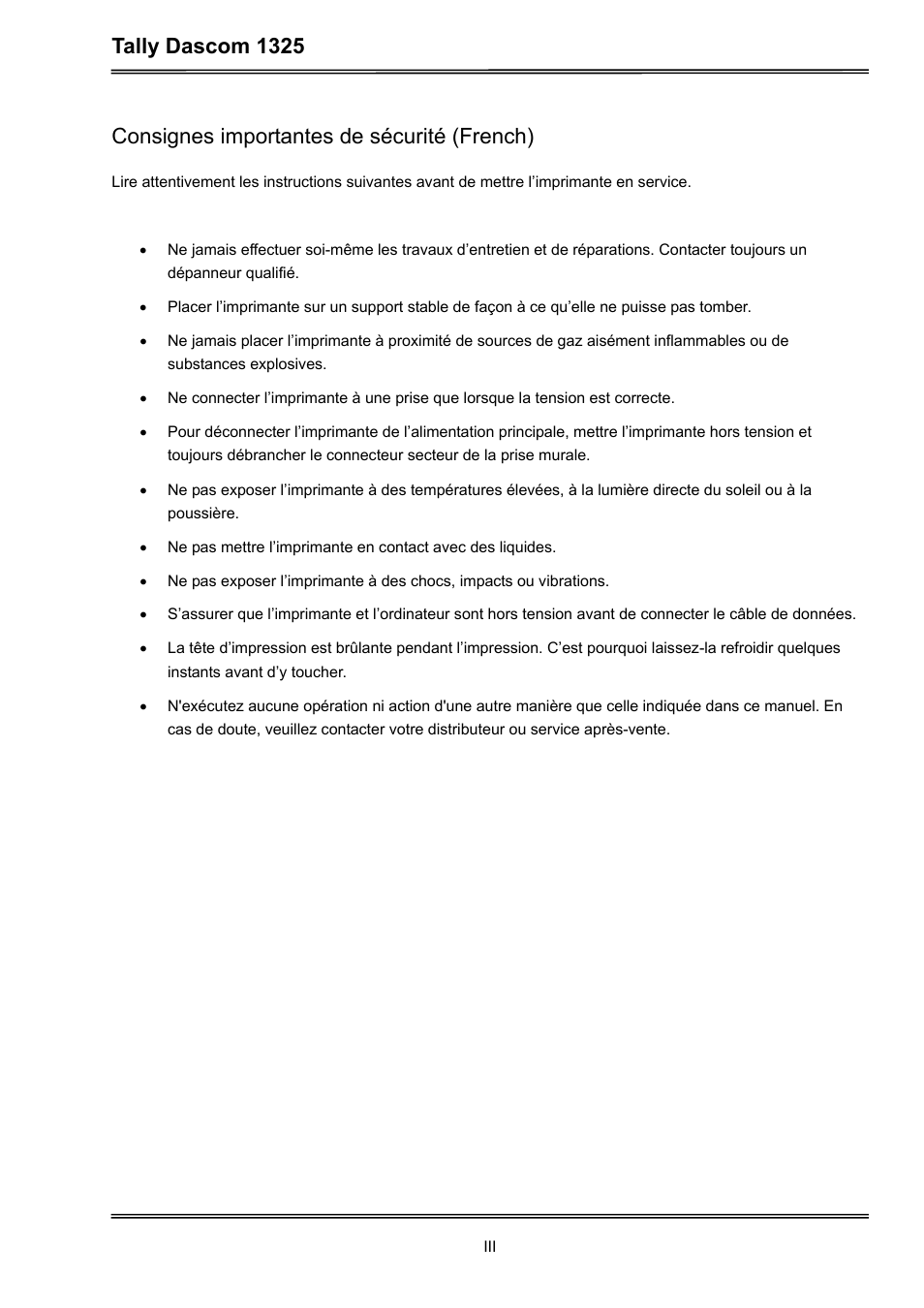 Tally dascom 1325, Consignes importantes de sécurité (french) | Dascom 1325 User Guide User Manual | Page 5 / 100