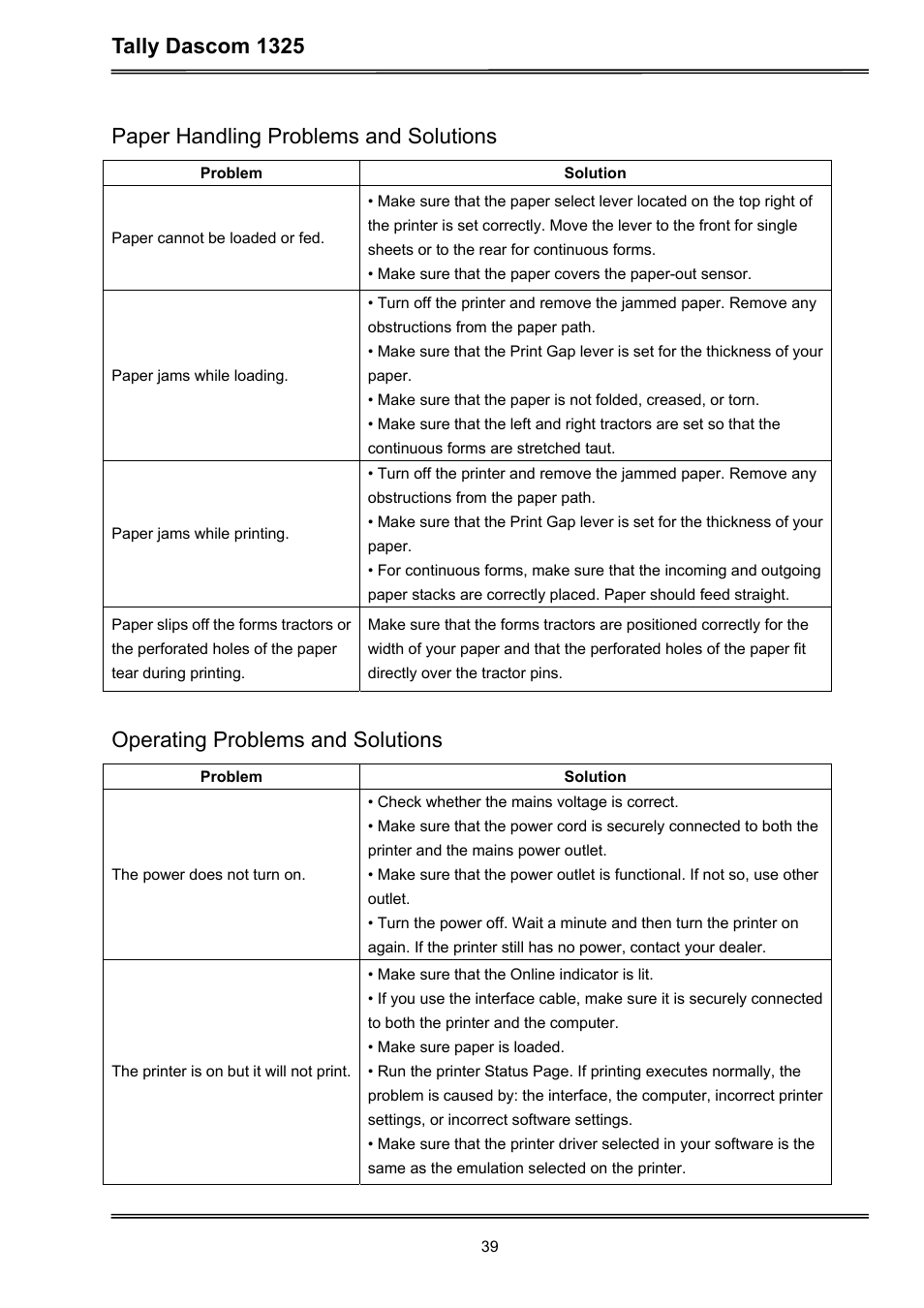 Tally dascom 1325, Paper handling problems and solutions, Operating problems and solutions | Dascom 1325 User Guide User Manual | Page 53 / 100
