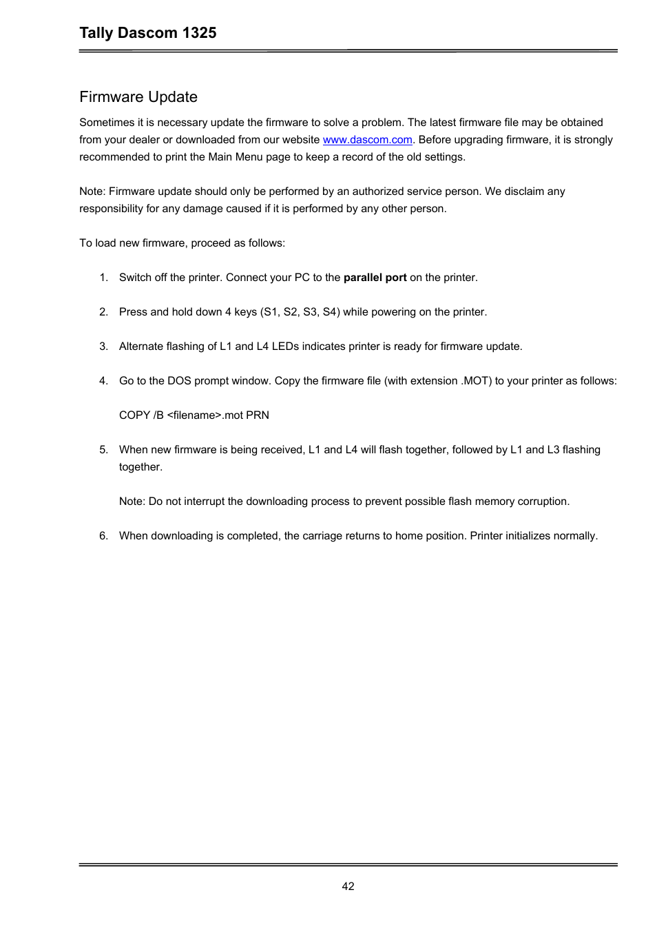 Tally dascom 1325, Firmware update | Dascom 1325 User Guide User Manual | Page 56 / 100