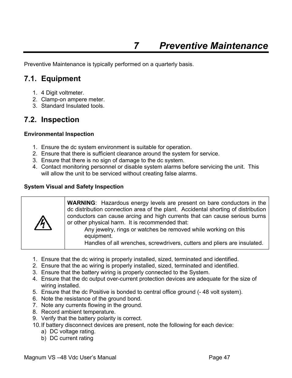 7 preventive maintenance, Equipment, Inspection | APC VS 50 User Manual | Page 52 / 65