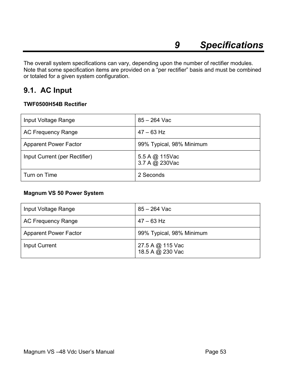 9 specifications, Ac input | APC VS 50 User Manual | Page 58 / 65