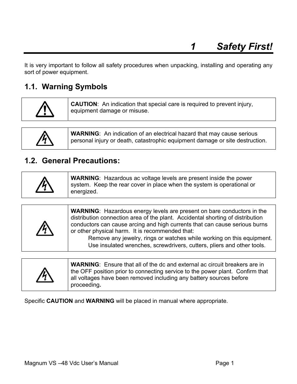 1 safety first, Warning symbols, General precautions | APC VS 50 User Manual | Page 6 / 65