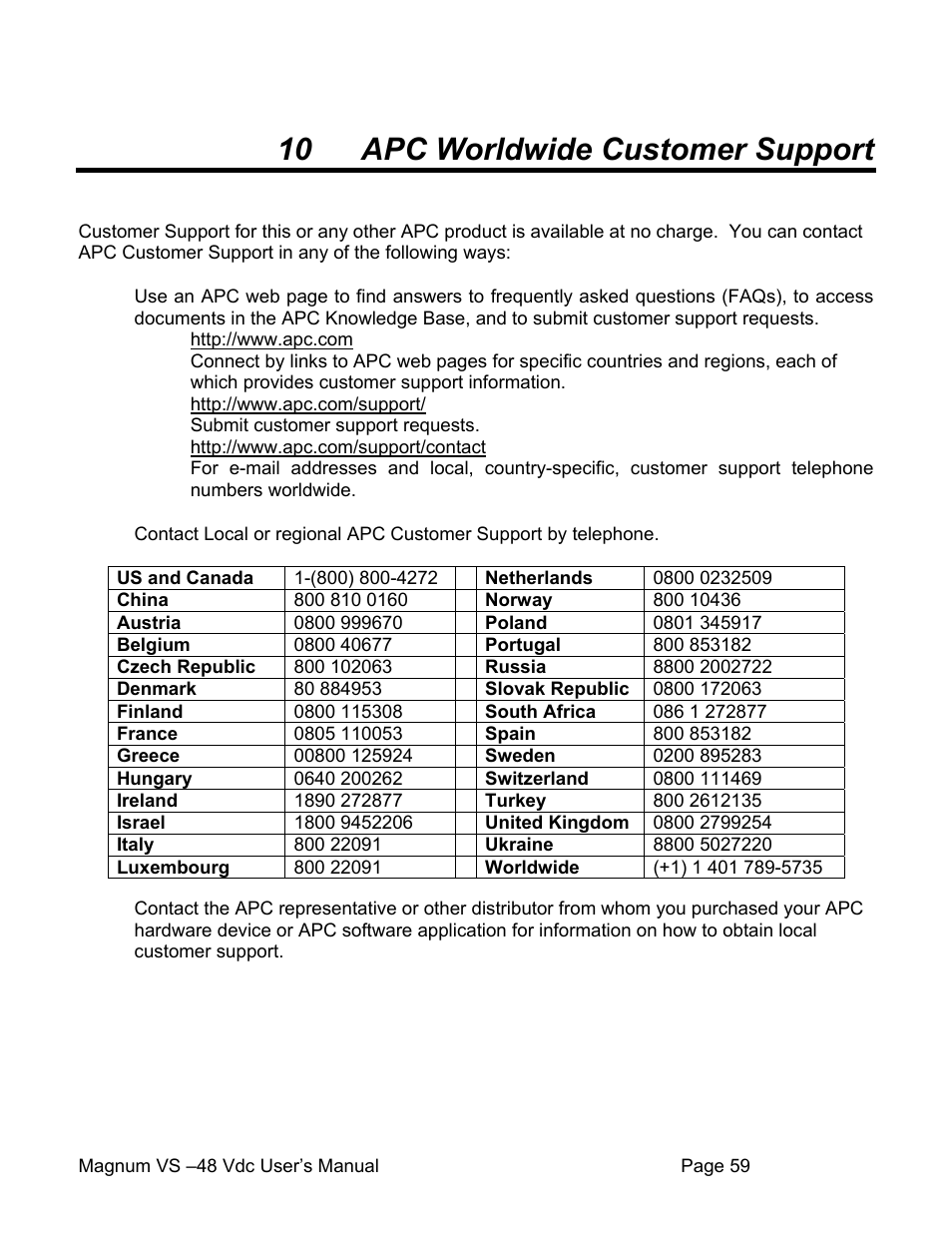10 apc worldwide customer support | APC VS 50 User Manual | Page 64 / 65