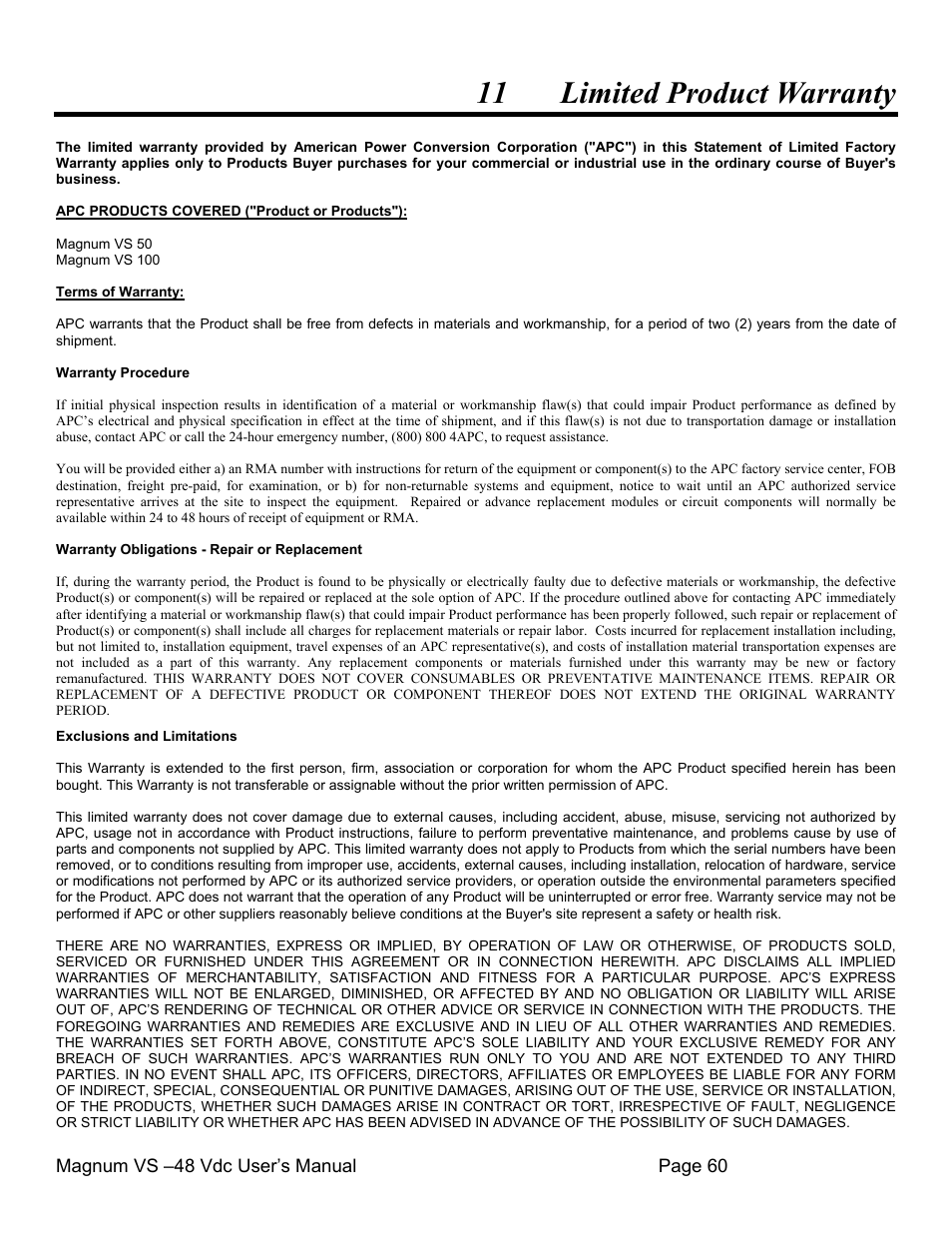 11 limited product warranty | APC VS 50 User Manual | Page 65 / 65