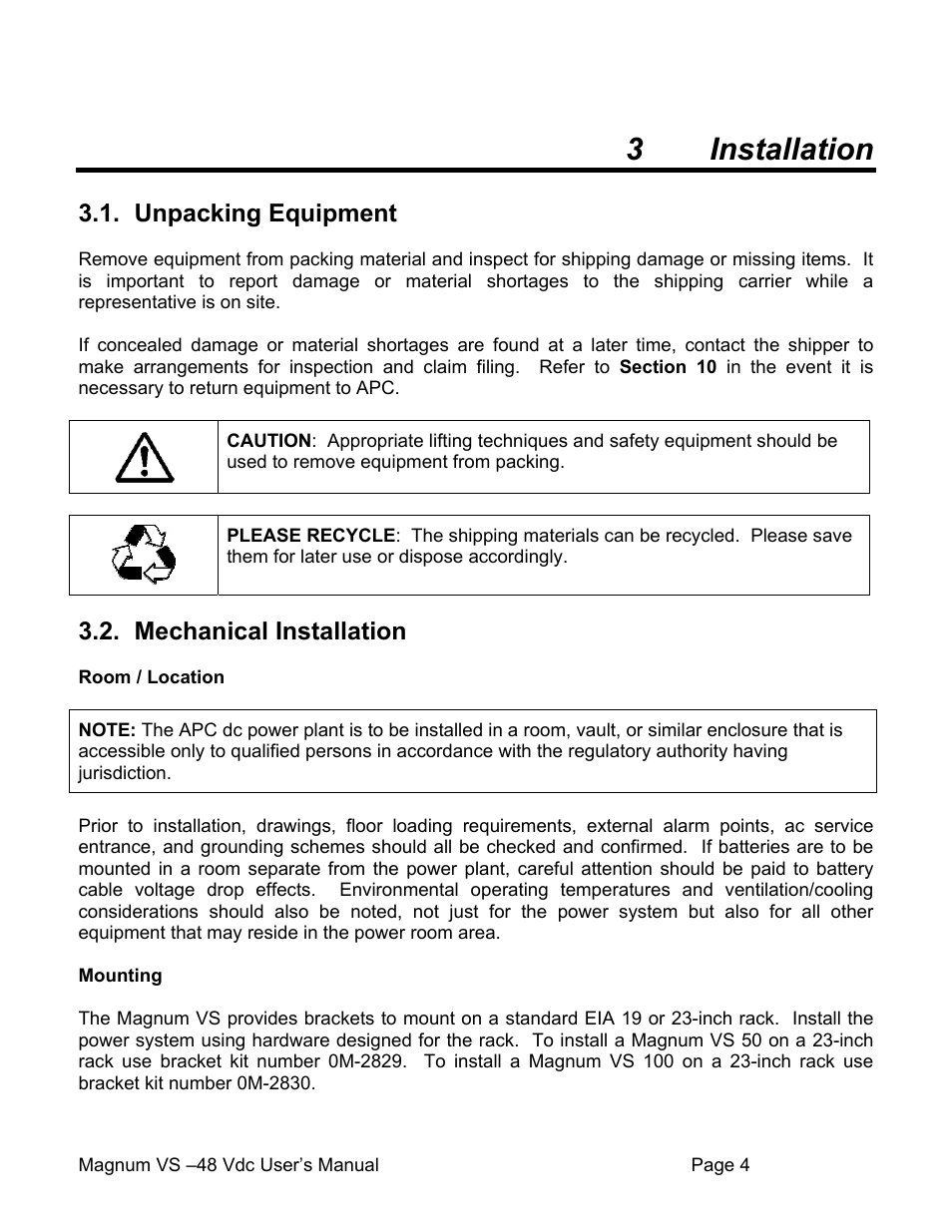 3 installation, Unpacking equipment, Mechanical installation | APC VS 50 User Manual | Page 9 / 65