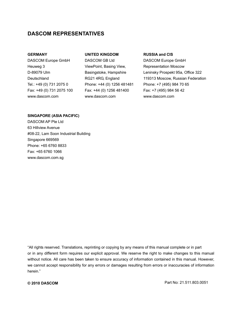 Dascom representatives | Dascom 1430 User Guide User Manual | Page 100 / 100