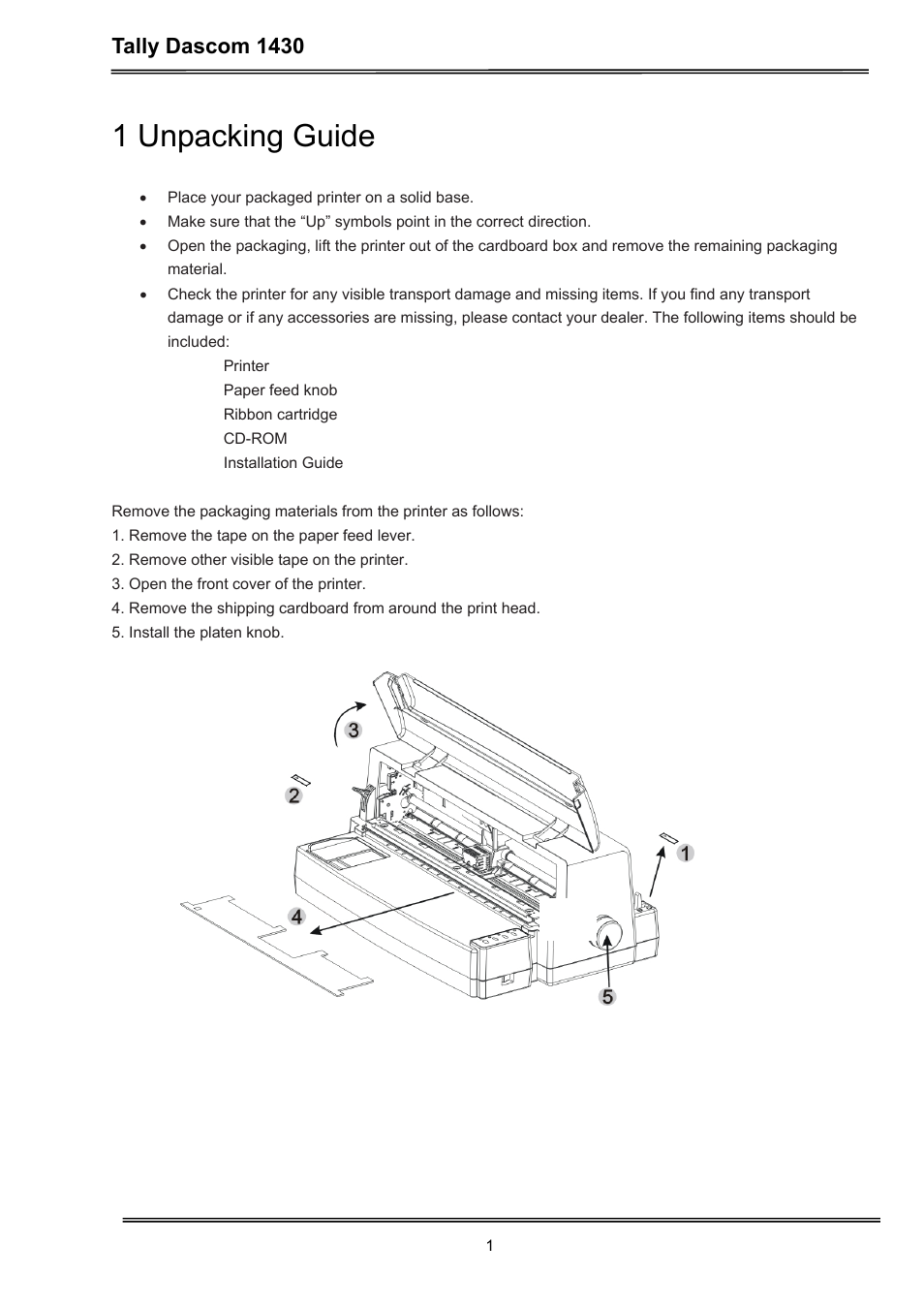 1 unpacking guide, Tally dascom 1430 | Dascom 1430 User Guide User Manual | Page 15 / 100