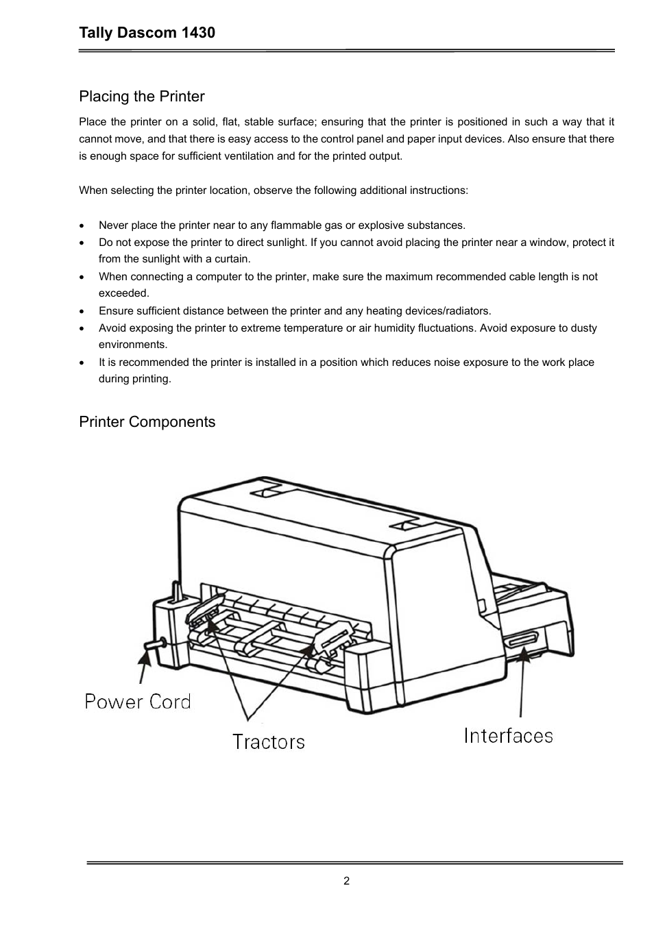 Tally dascom 1430, Placing the printer, Printer components | Dascom 1430 User Guide User Manual | Page 16 / 100