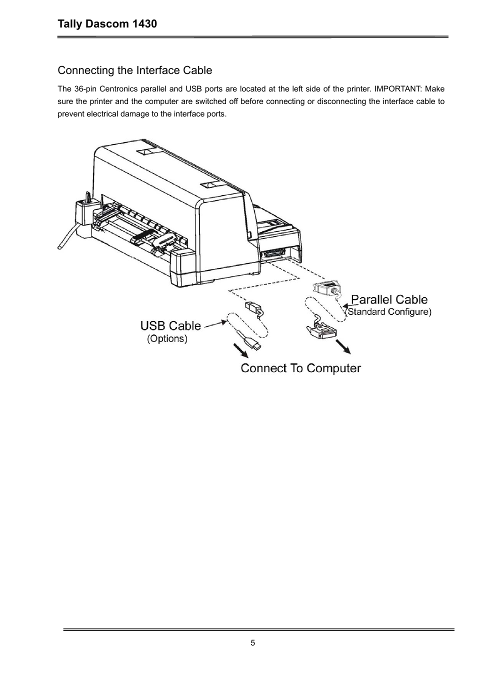 Tally dascom 1430, Connecting the interface cable | Dascom 1430 User Guide User Manual | Page 19 / 100