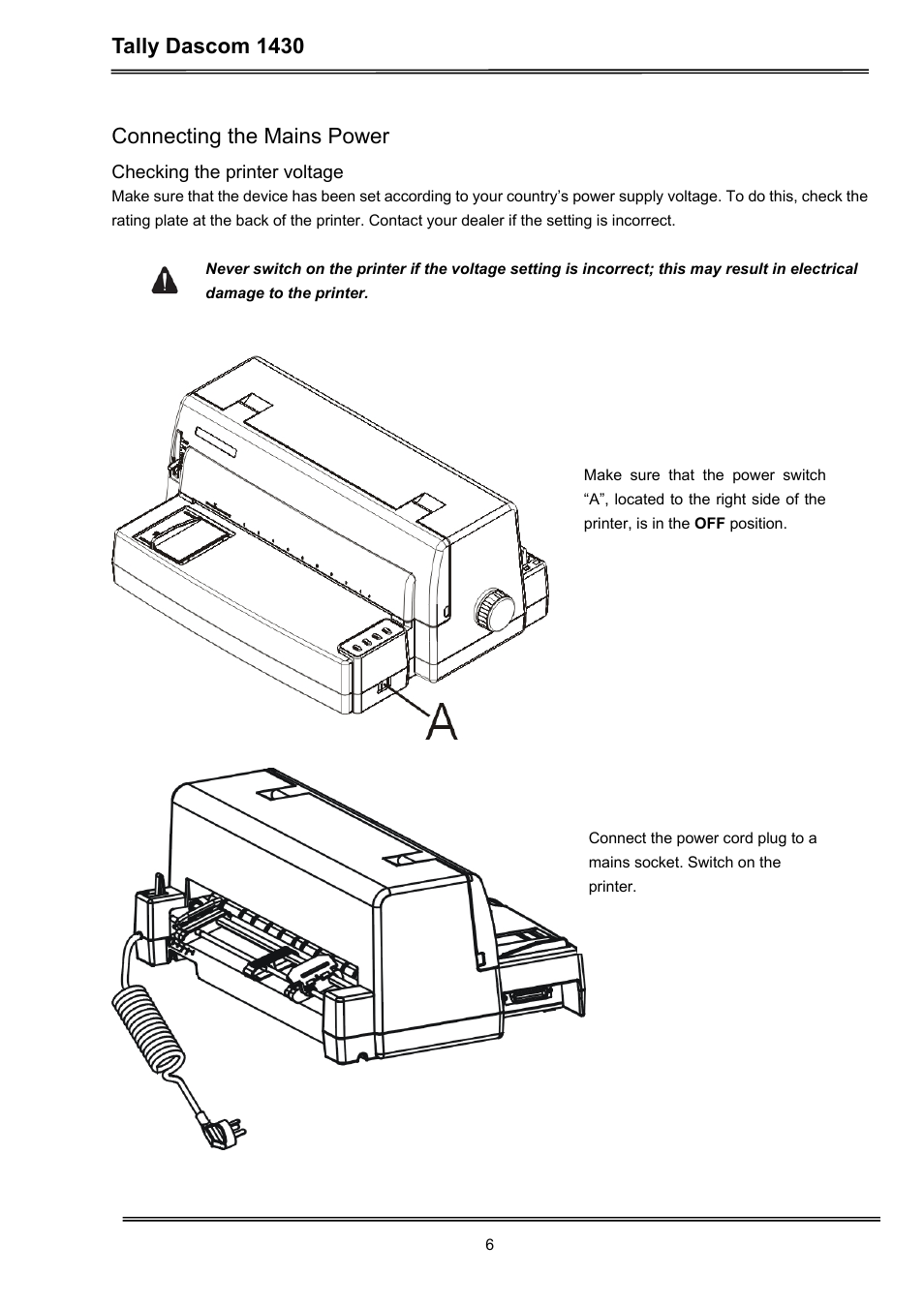 Tally dascom 1430, Connecting the mains power | Dascom 1430 User Guide User Manual | Page 20 / 100