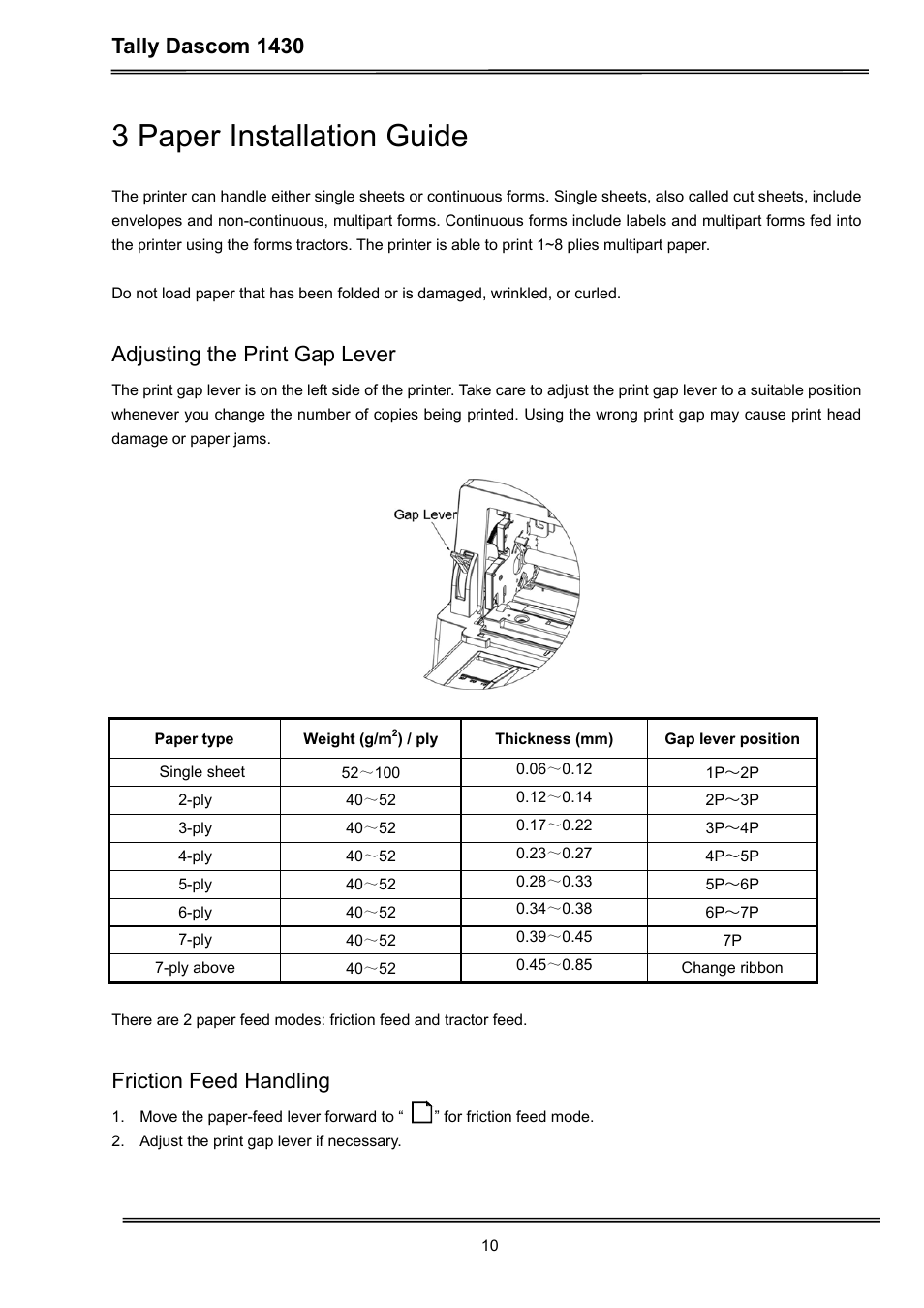 3 paper installation guide, Tally dascom 1430, Adjusting the print gap lever | Friction feed handling | Dascom 1430 User Guide User Manual | Page 24 / 100