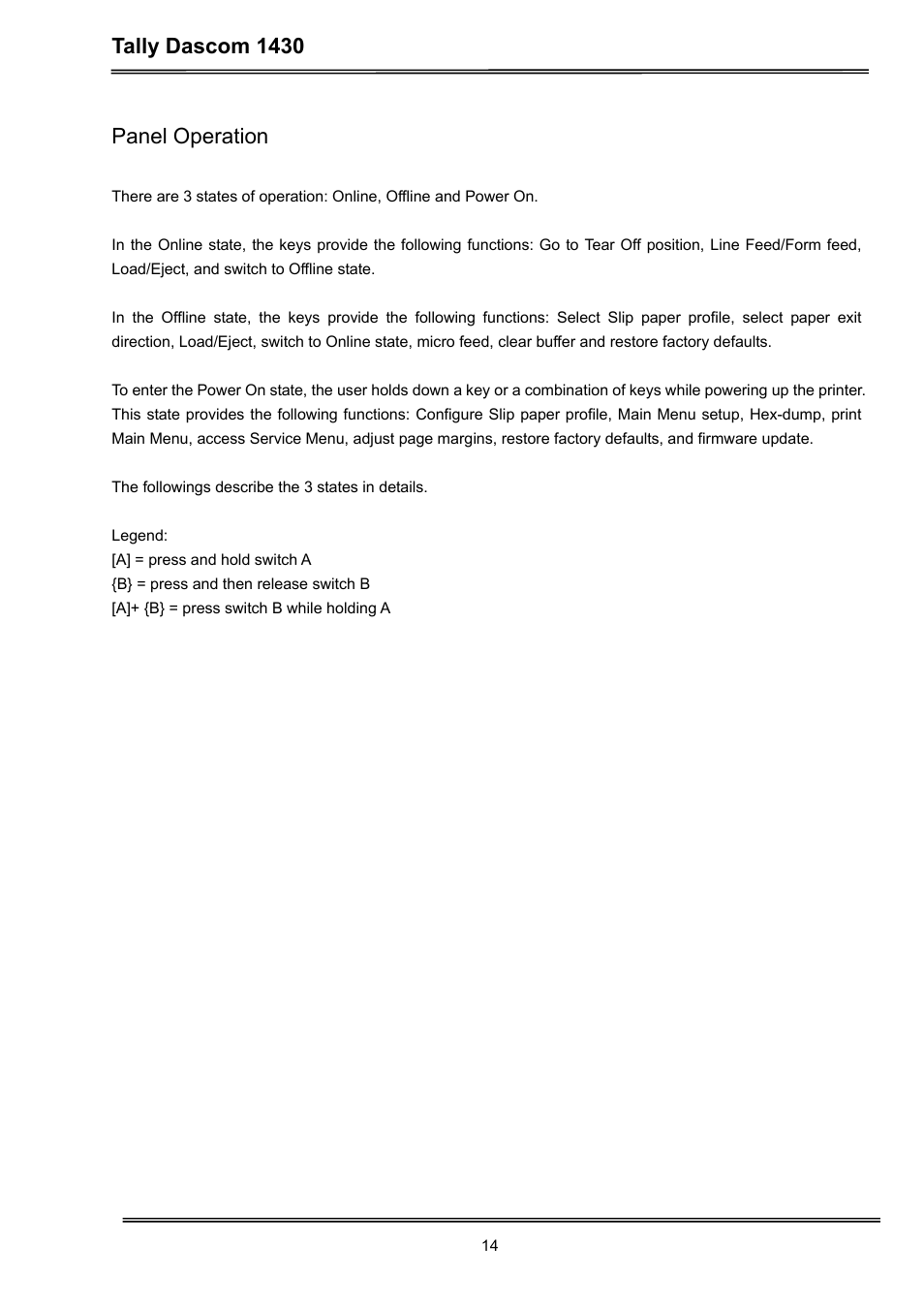 Tally dascom 1430, Panel operation | Dascom 1430 User Guide User Manual | Page 28 / 100