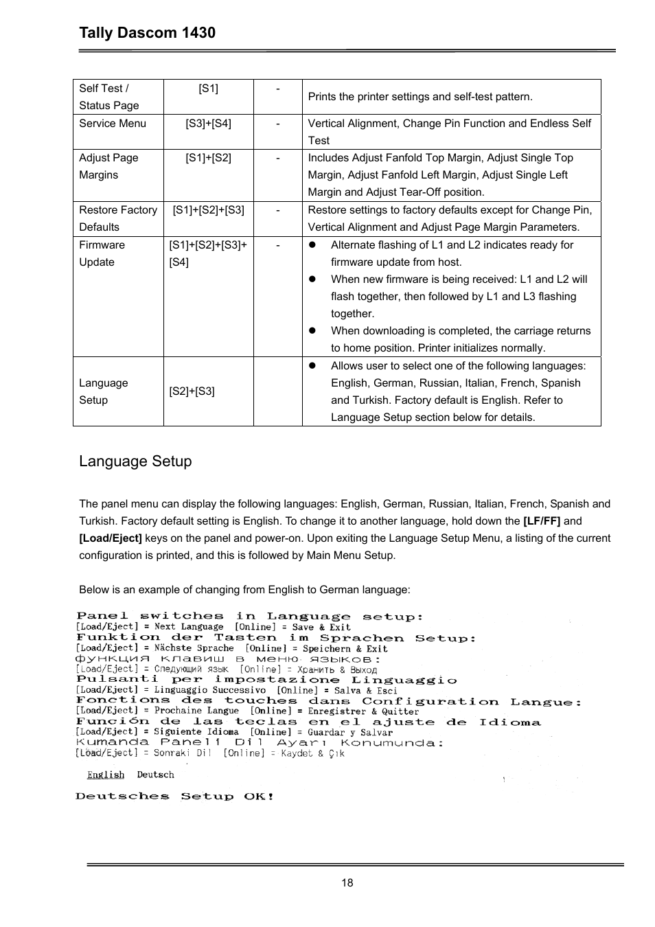 Tally dascom 1430, Language setup | Dascom 1430 User Guide User Manual | Page 32 / 100