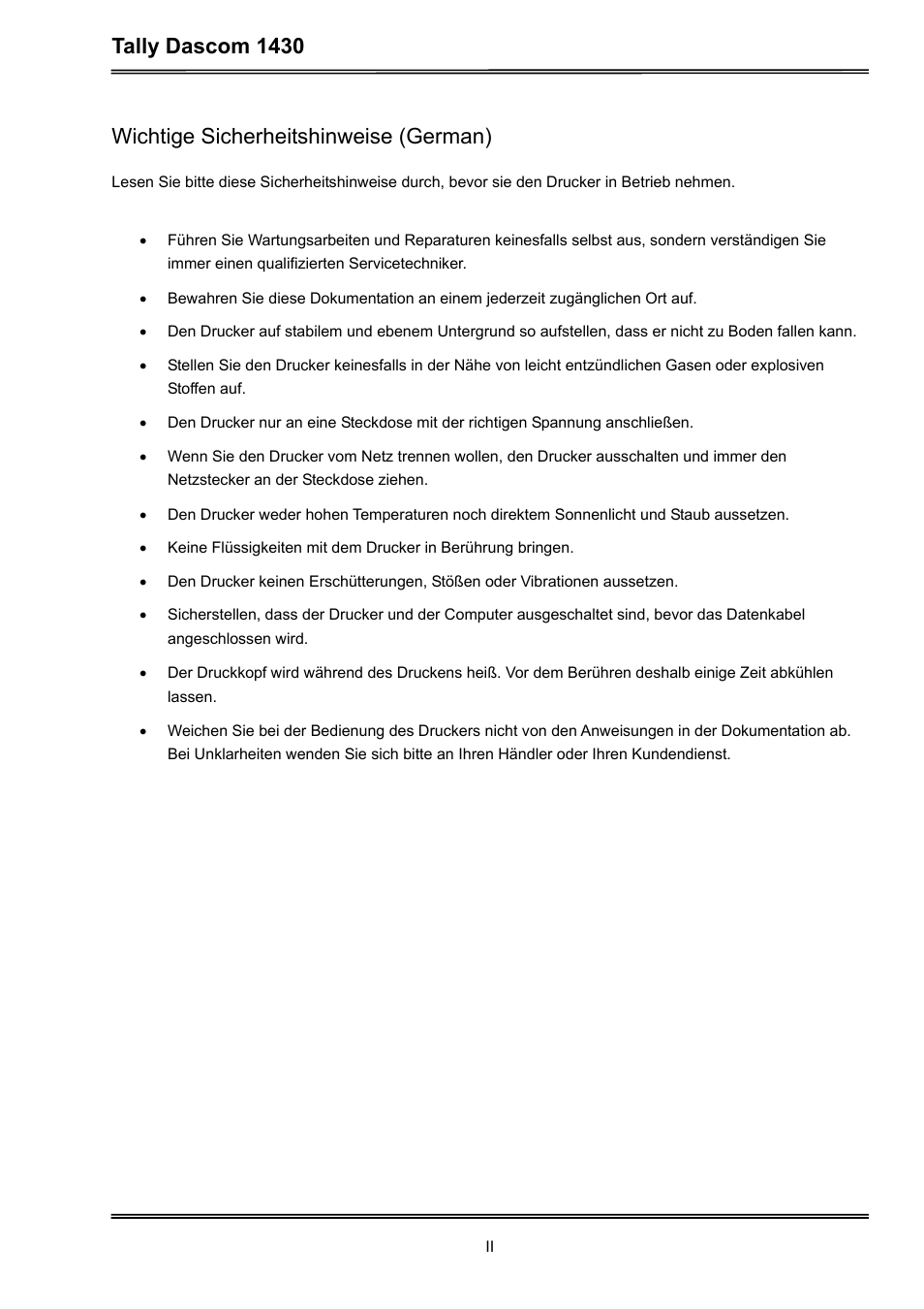 Tally dascom 1430, Wichtige sicherheitshinweise (german) | Dascom 1430 User Guide User Manual | Page 4 / 100