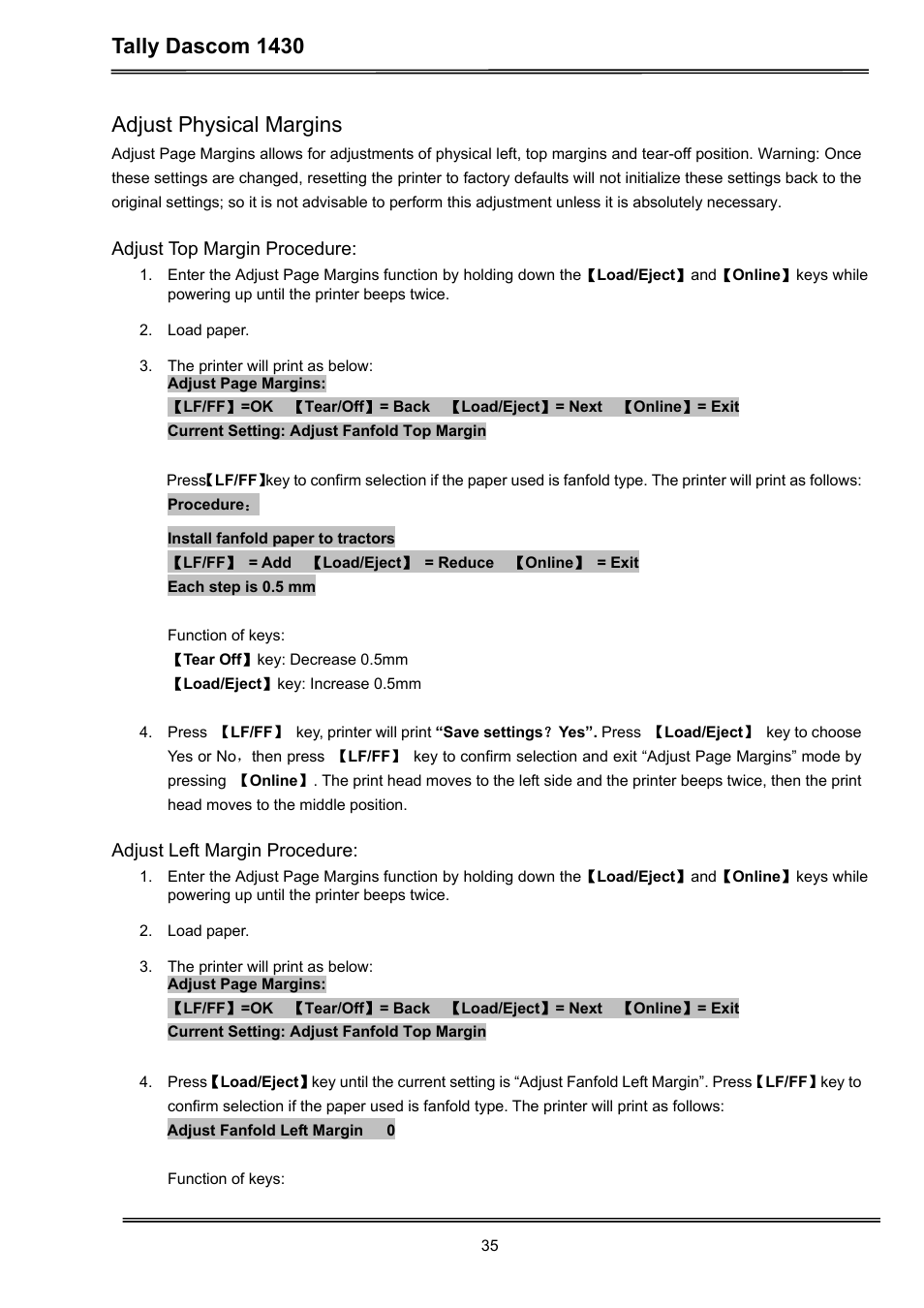 Tally dascom 1430, Adjust physical margins | Dascom 1430 User Guide User Manual | Page 49 / 100
