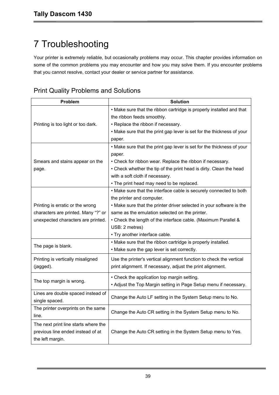 7 troubleshooting, Tally dascom 1430, Print quality problems and solutions | Dascom 1430 User Guide User Manual | Page 53 / 100