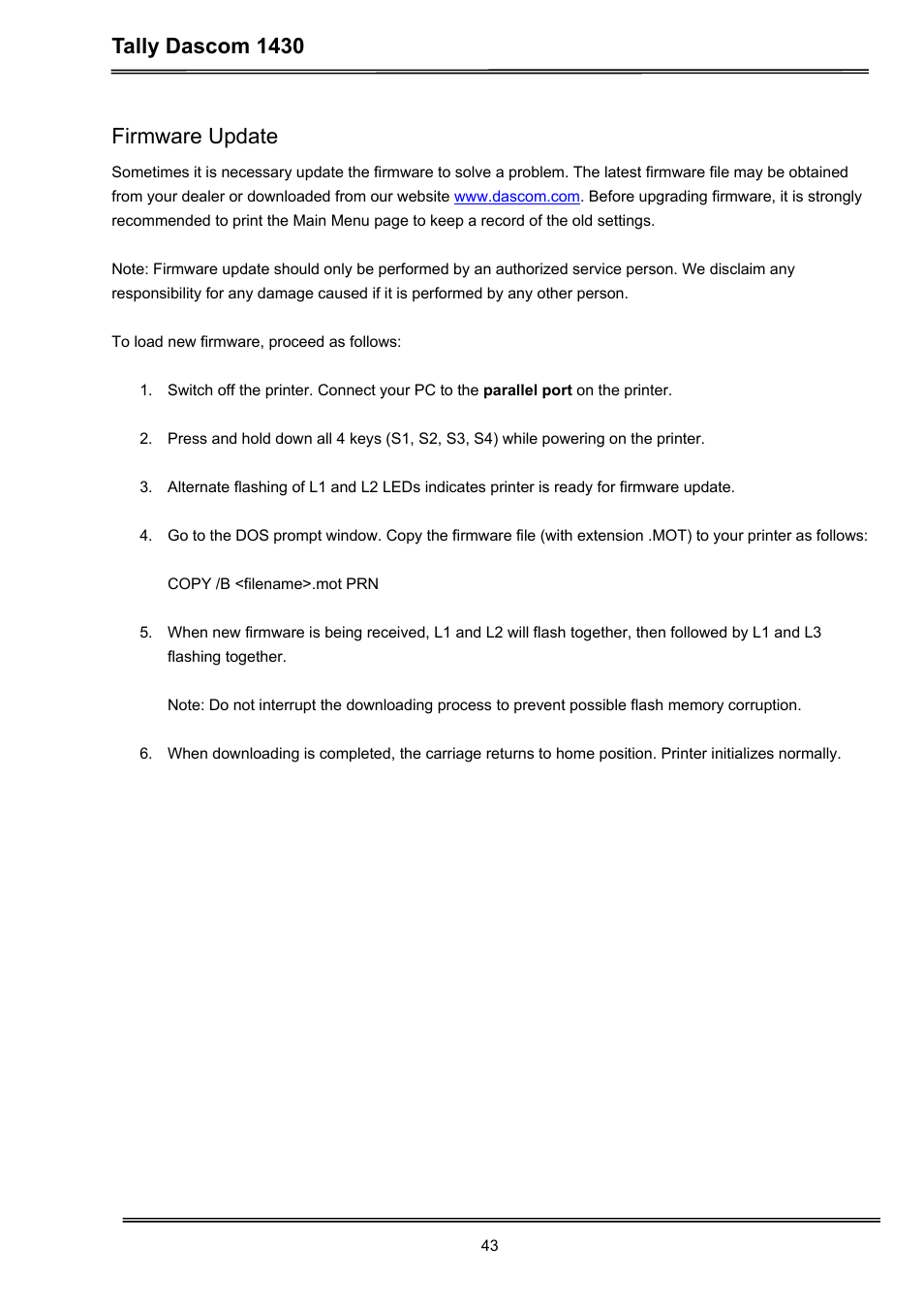 Tally dascom 1430, Firmware update | Dascom 1430 User Guide User Manual | Page 57 / 100