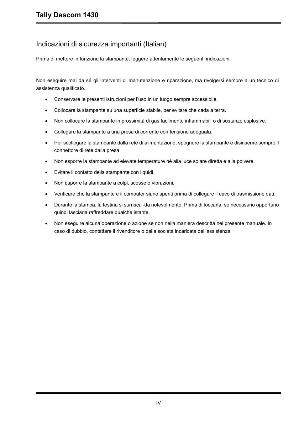 Tally dascom 1430, Indicazioni di sicurezza importanti (italian) | Dascom 1430 User Guide User Manual | Page 6 / 100