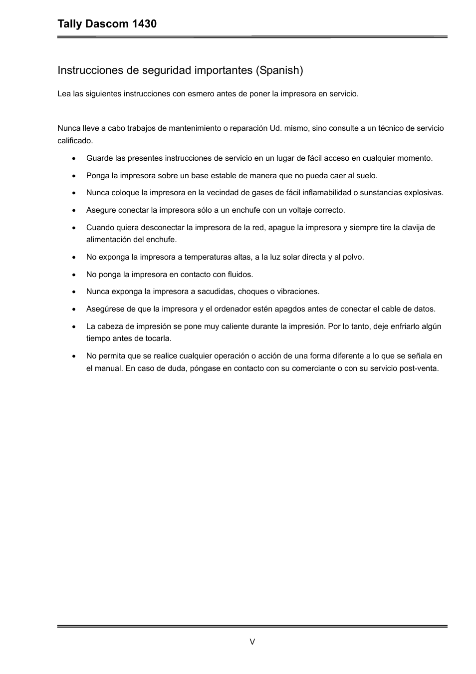 Tally dascom 1430, Instrucciones de seguridad importantes (spanish) | Dascom 1430 User Guide User Manual | Page 7 / 100