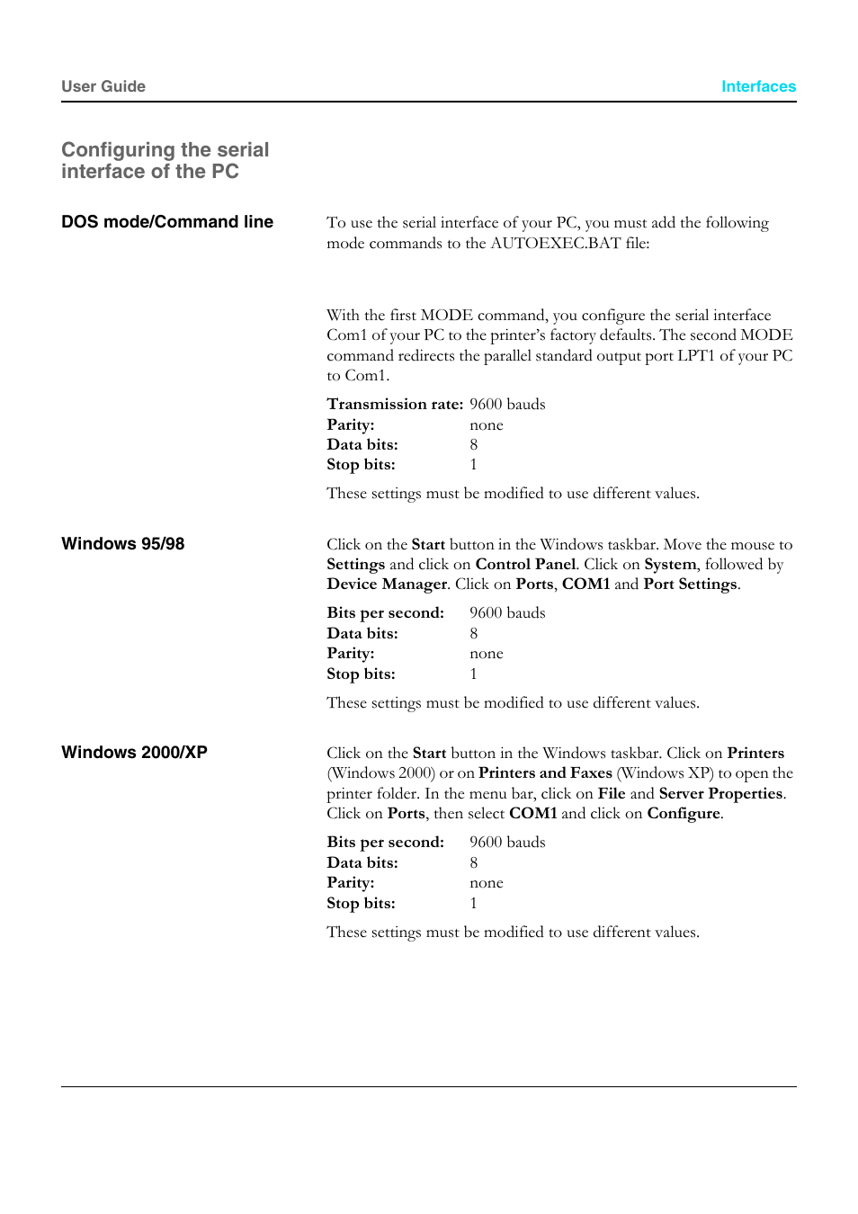 Configuring the serial interface of the pc, Dos mode/command line, Windows 95/98 | Windows 2000/xp | Dascom T5040 User Guide User Manual | Page 141 / 146