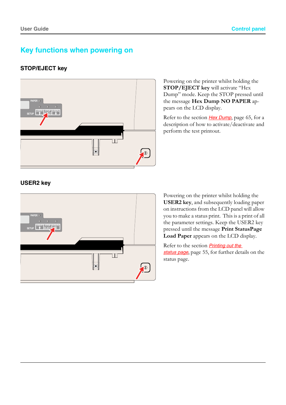 Key functions when powering on, Stop/eject key, User2 key | Page 55, for further details on the status page | Dascom T5040 User Guide User Manual | Page 35 / 146