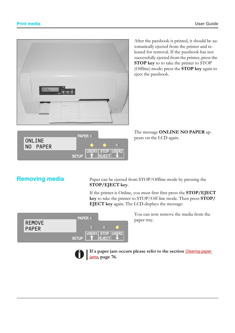 Removing media, Online no paper, Remove paper | Dascom T5040 User Guide User Manual | Page 42 / 146