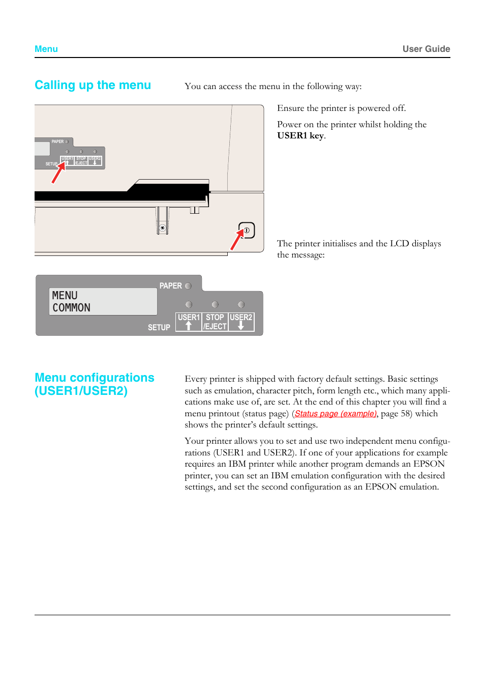 Calling up the menu, Menu configurations (user1/user2), Menu common | Dascom T5040 User Guide User Manual | Page 56 / 146