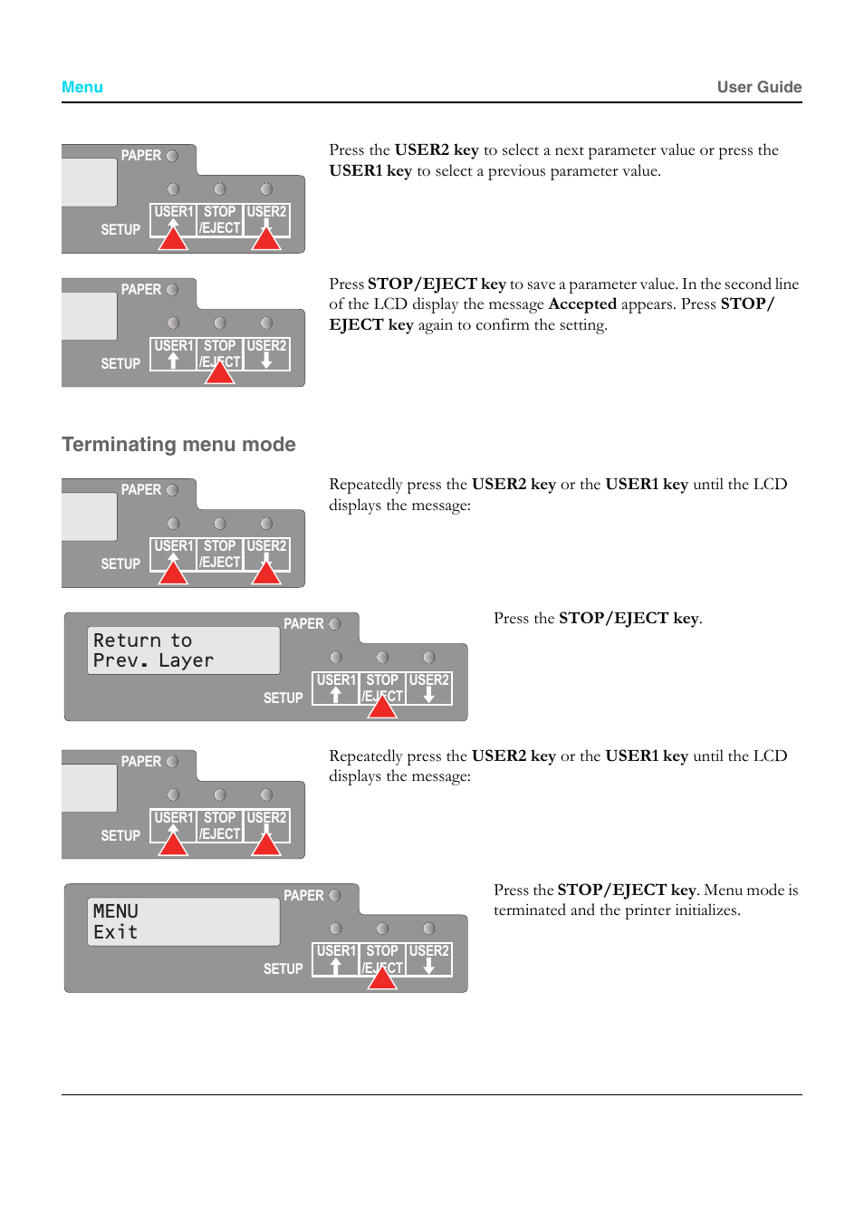 Terminating menu mode, Return to prev. layer, Menu exit | Dascom T5040 User Guide User Manual | Page 60 / 146