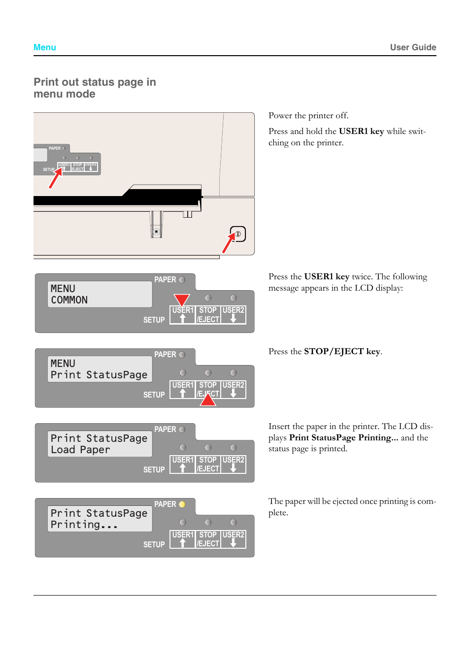 Menu common, Menu print statuspage, Print statuspage load paper | Print statuspage printing, Print out status page in menu mode | Dascom T5040 User Guide User Manual | Page 64 / 146