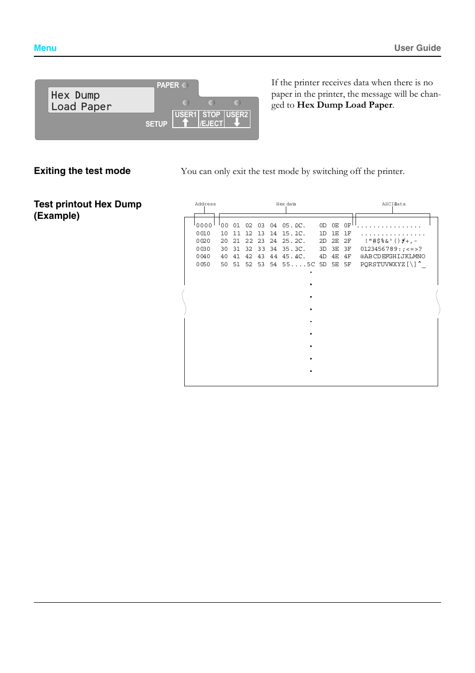 Exiting the test mode, Test printout hex dump (example), Hex dump load paper | Dascom T5040 User Guide User Manual | Page 74 / 146